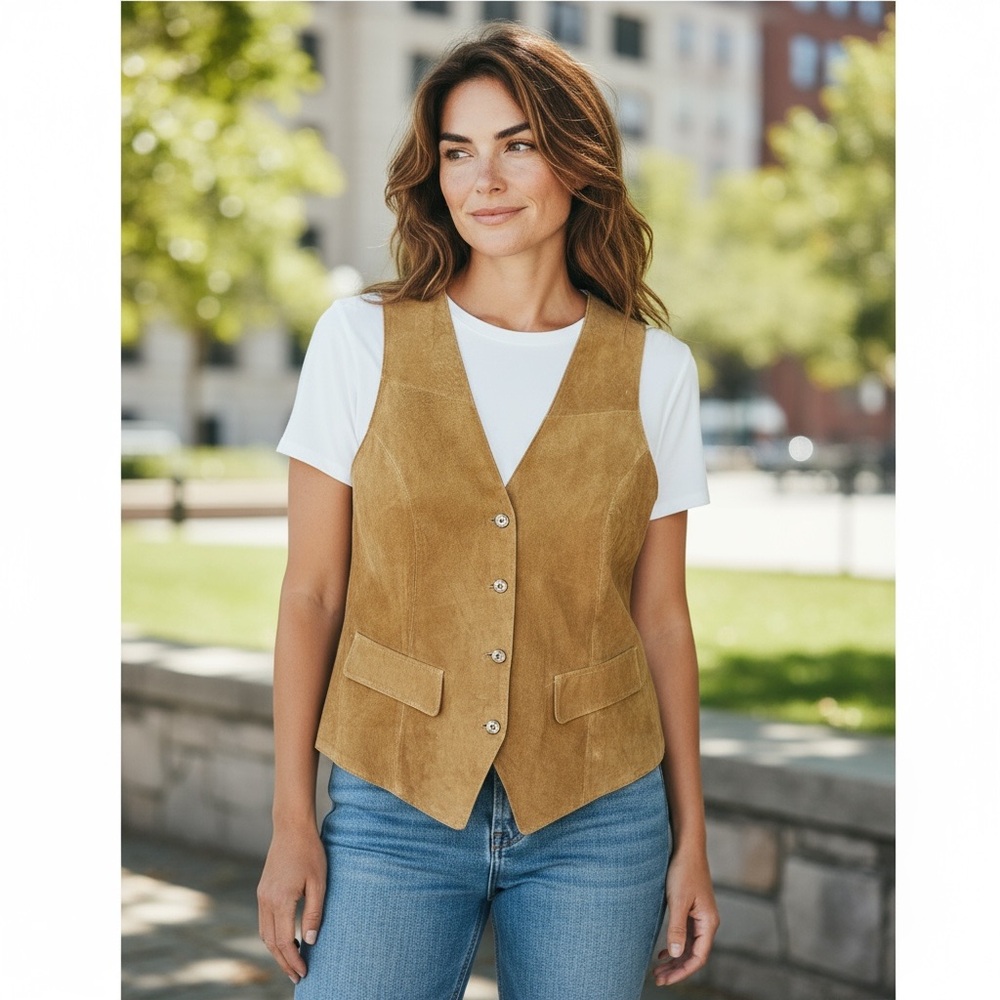 Women's Vintage Congnac Suede Button Up Vest Sz. M